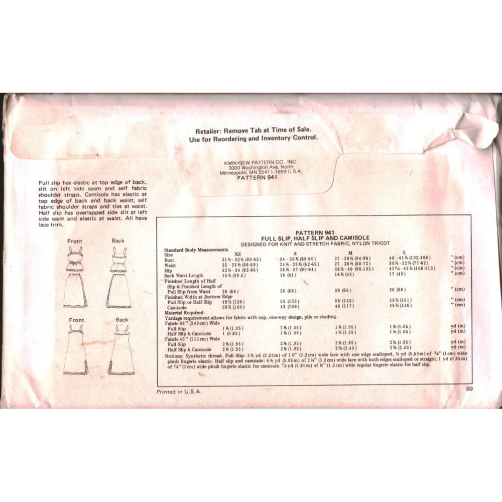 Vintage 1979 Kwik Sew 941 Lingerie Sewing Pattern Full Half Slip Camisole XS-L